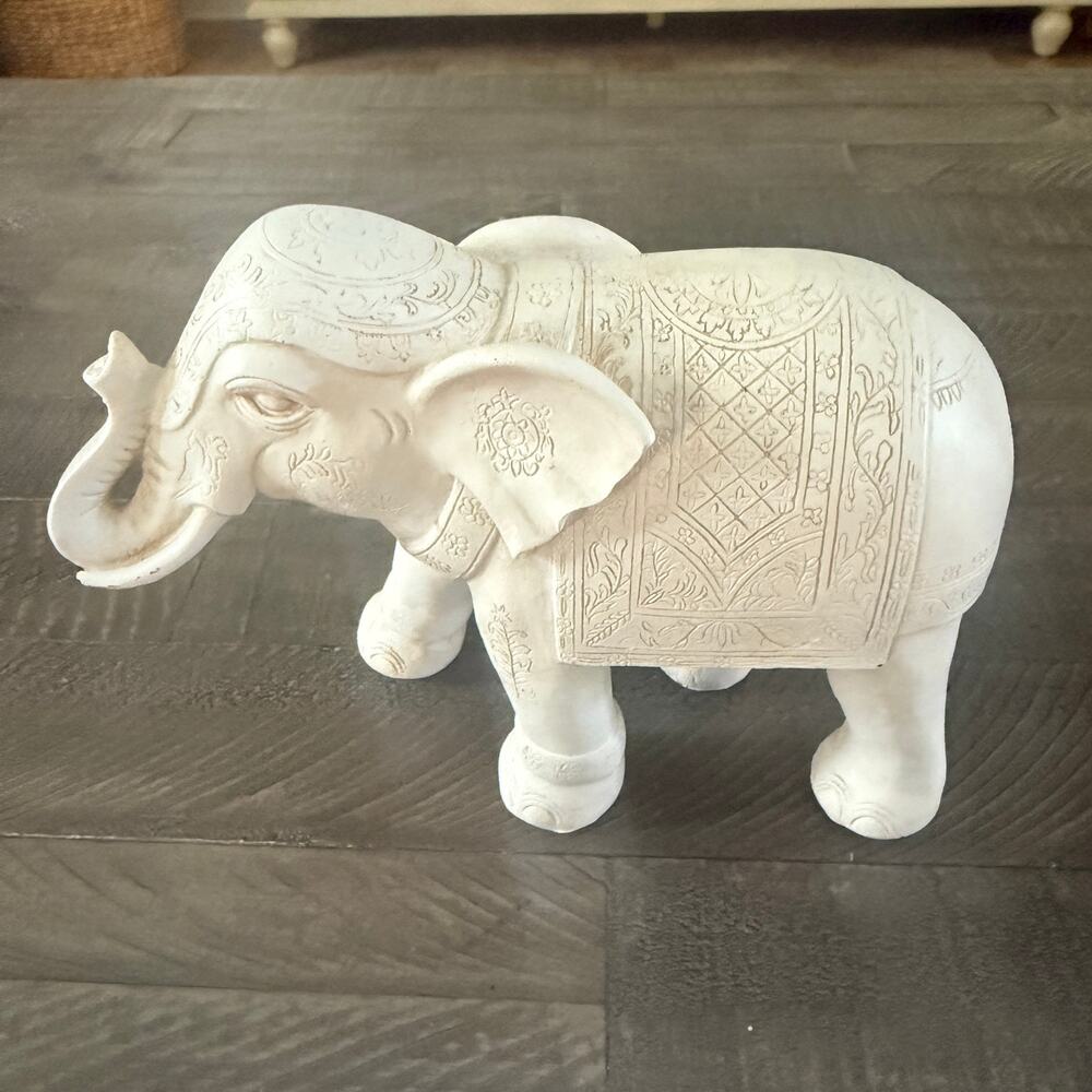 Boho White Elephant Figurine Carved Trunk Up Resin Statue Decor